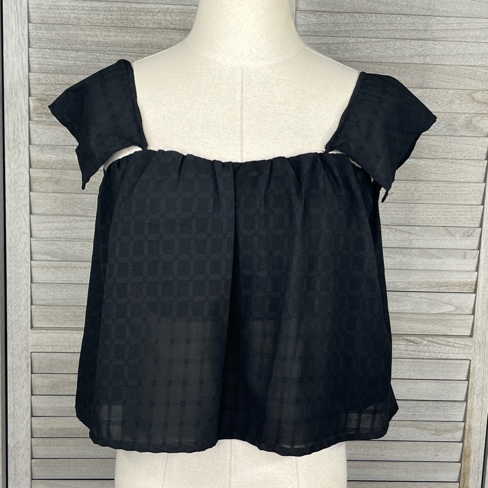 WILDE HEART Cropped Black Bandeau w Sheer Grid Overlay Flutter Sleeves-XS